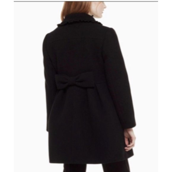 Kate Spade Wool Coat Ruffle Trim Bow Back Peacoat Black Women's Size 6 - Picture 6 of 12